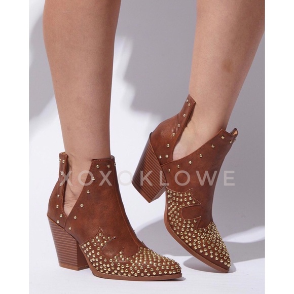 Mata Shoes Shoes - MATA Tan Western Gold Studded Ankle Boots Vegan Leather